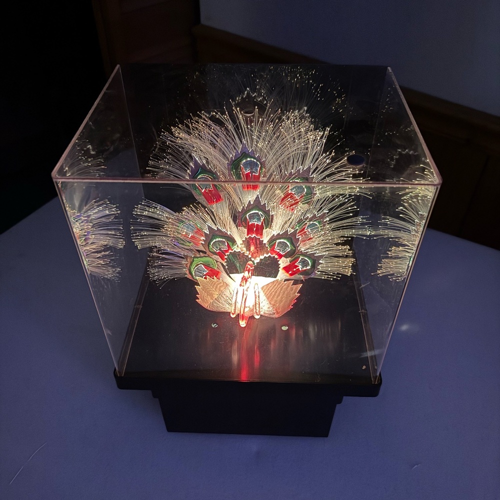vintage 80s peacock lamp ,multicolor, eye catching, fiber optic
